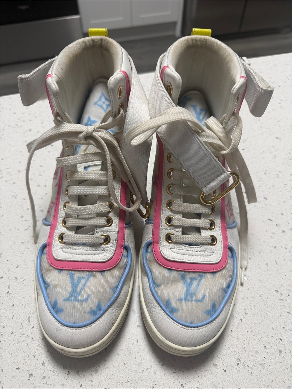 Louis Vuitton White High-Top Sneakers with Pink and Light Blue Monogram